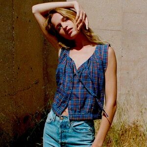 doen roselle top azure french plaid size medium